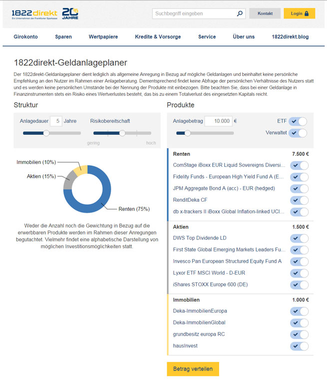 Screenshot Geldanlageplaner von 1882direkt 